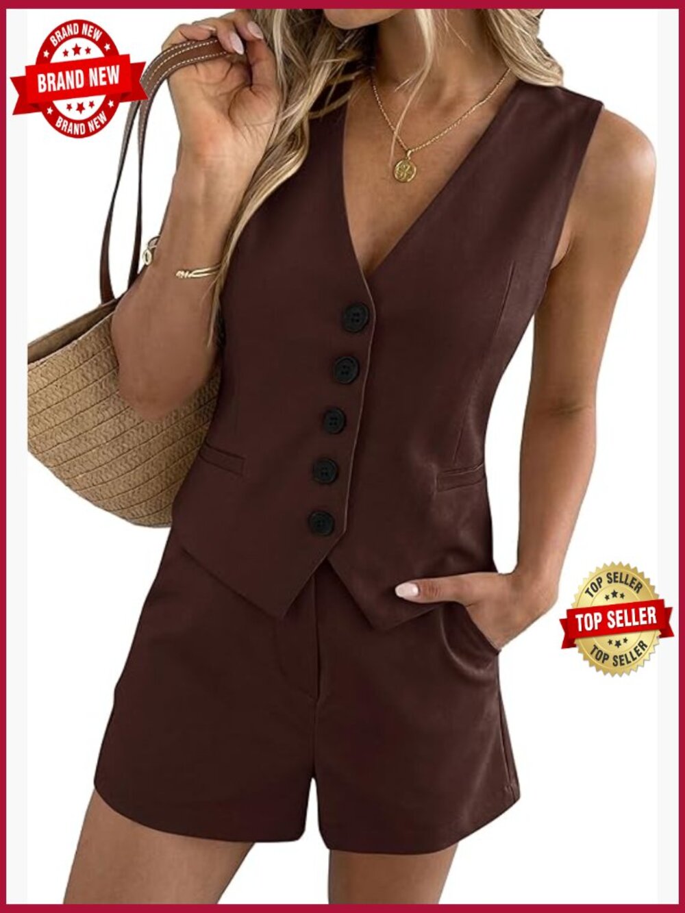 2 Piece Sets for Women Button Vest Top High Waist Shorts Business Casual Outfits